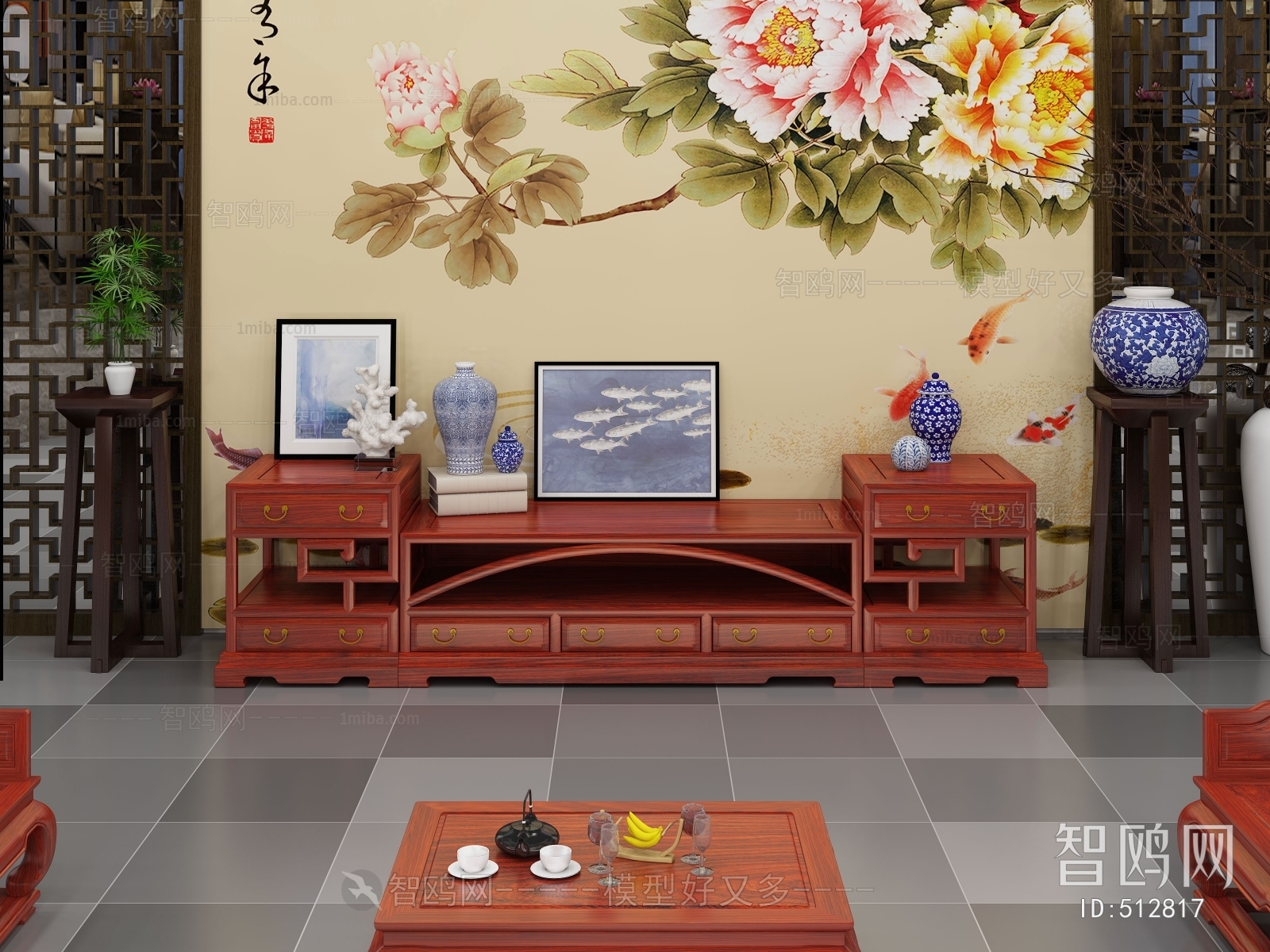 中式电视柜茶几背景墙组合