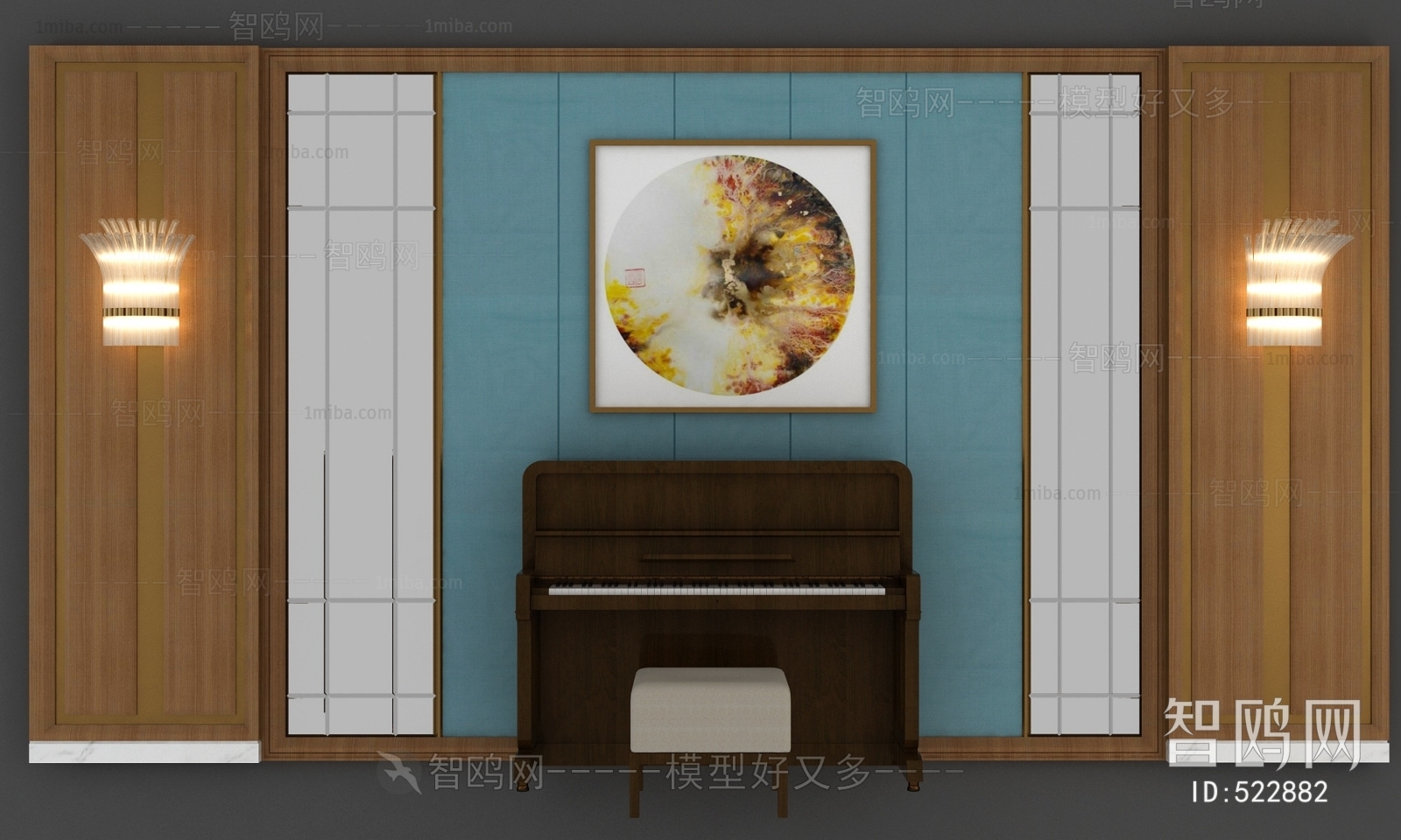 新中式钢琴背景墙组合