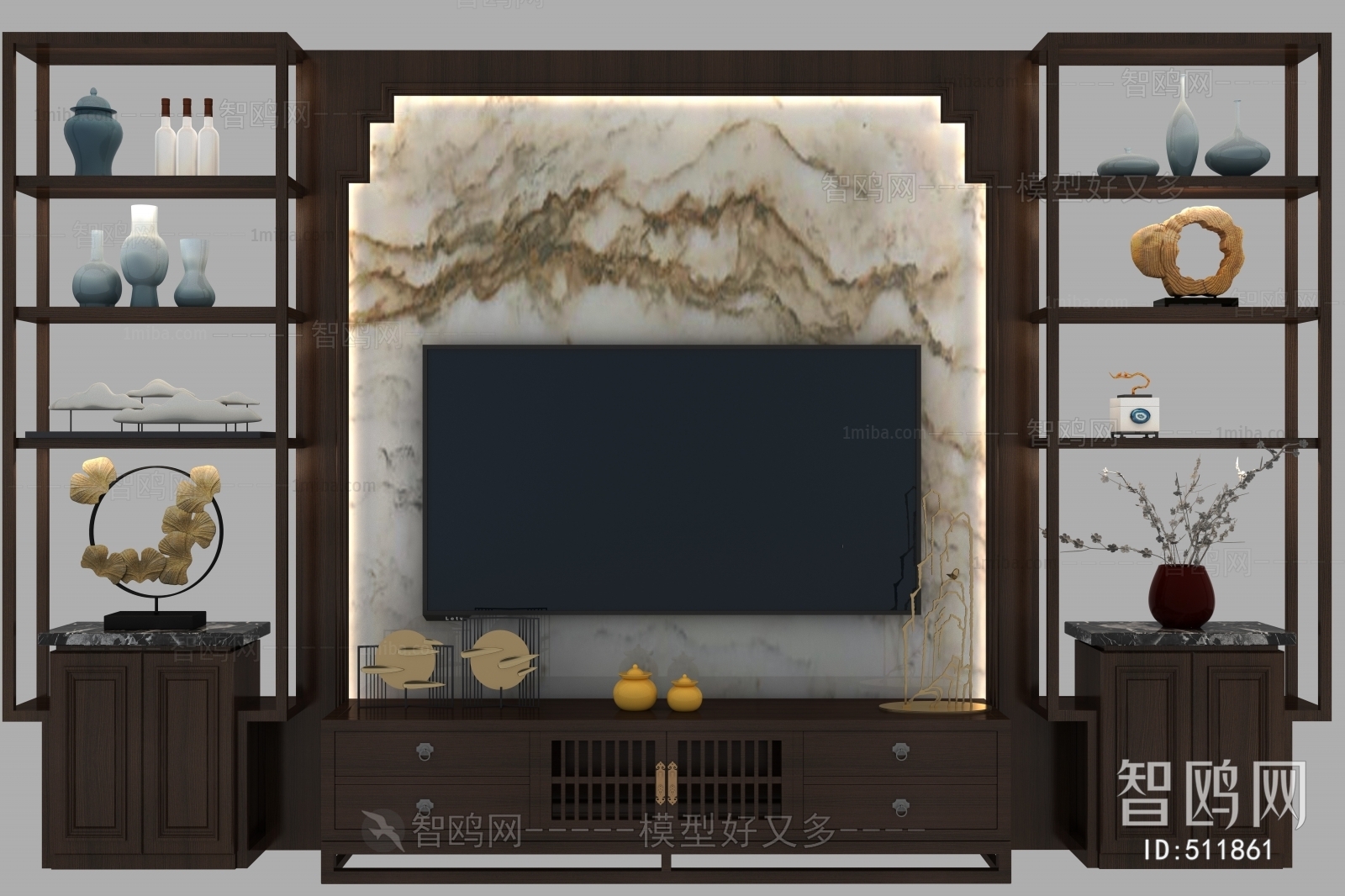 新中式电视柜装饰架背景墙组合