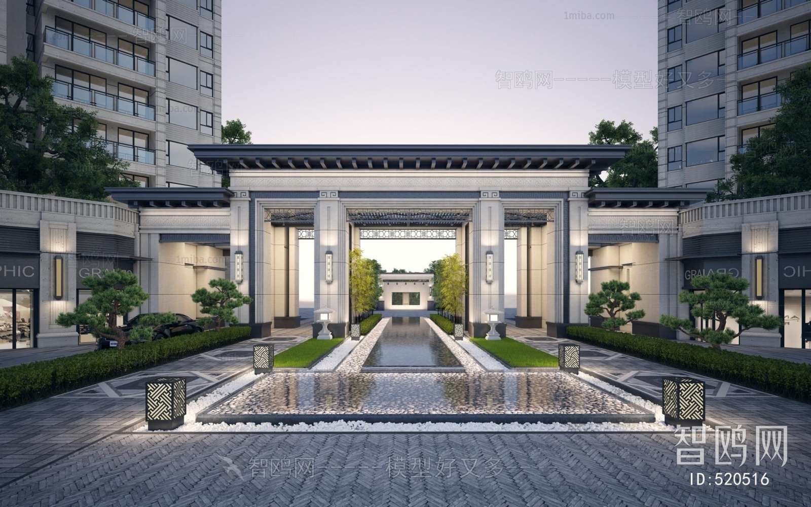 新中式新亚洲住宅小区大门入口