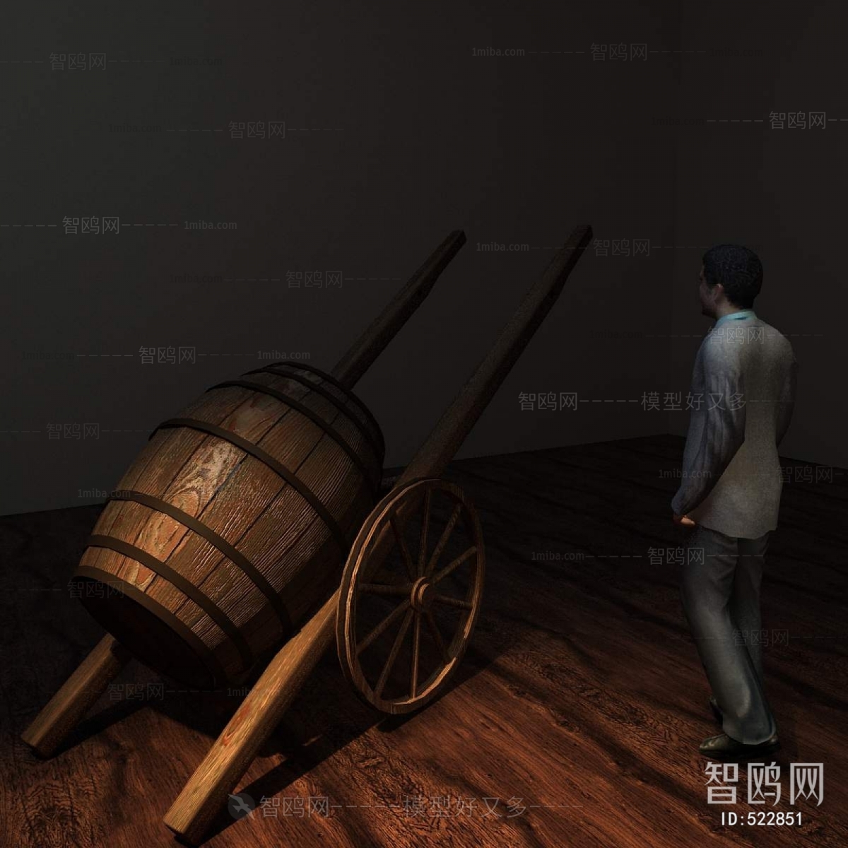 乡村古旧推车木酒桶人物组合