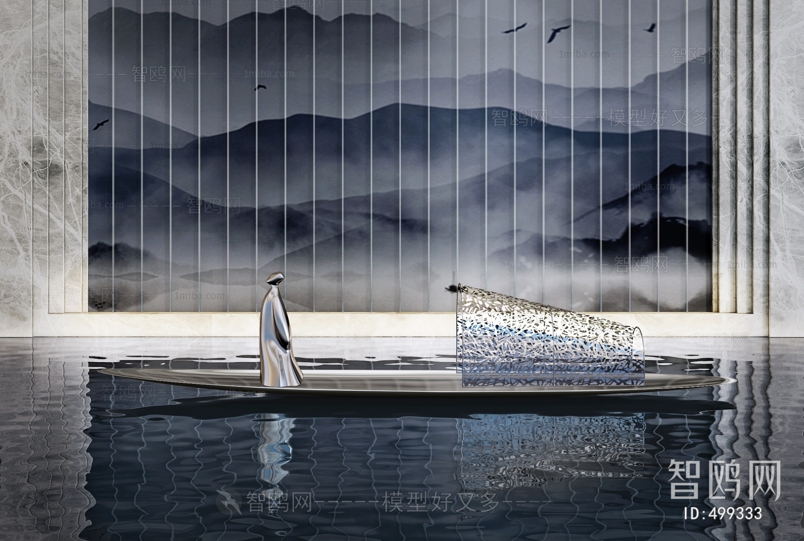 现代集艾设计山水景船雕塑摆件组合
