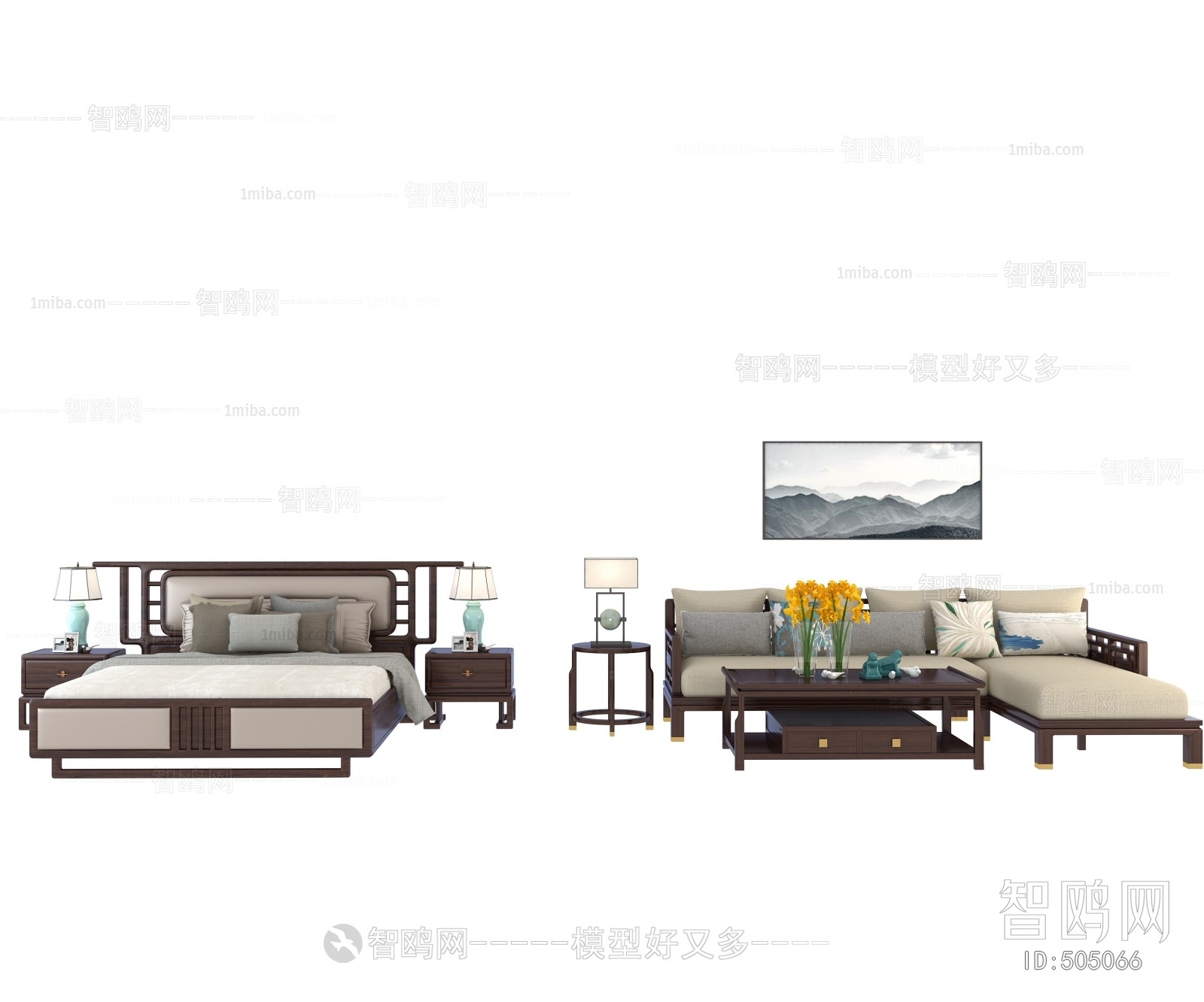 新中式沙发茶几双人床组合