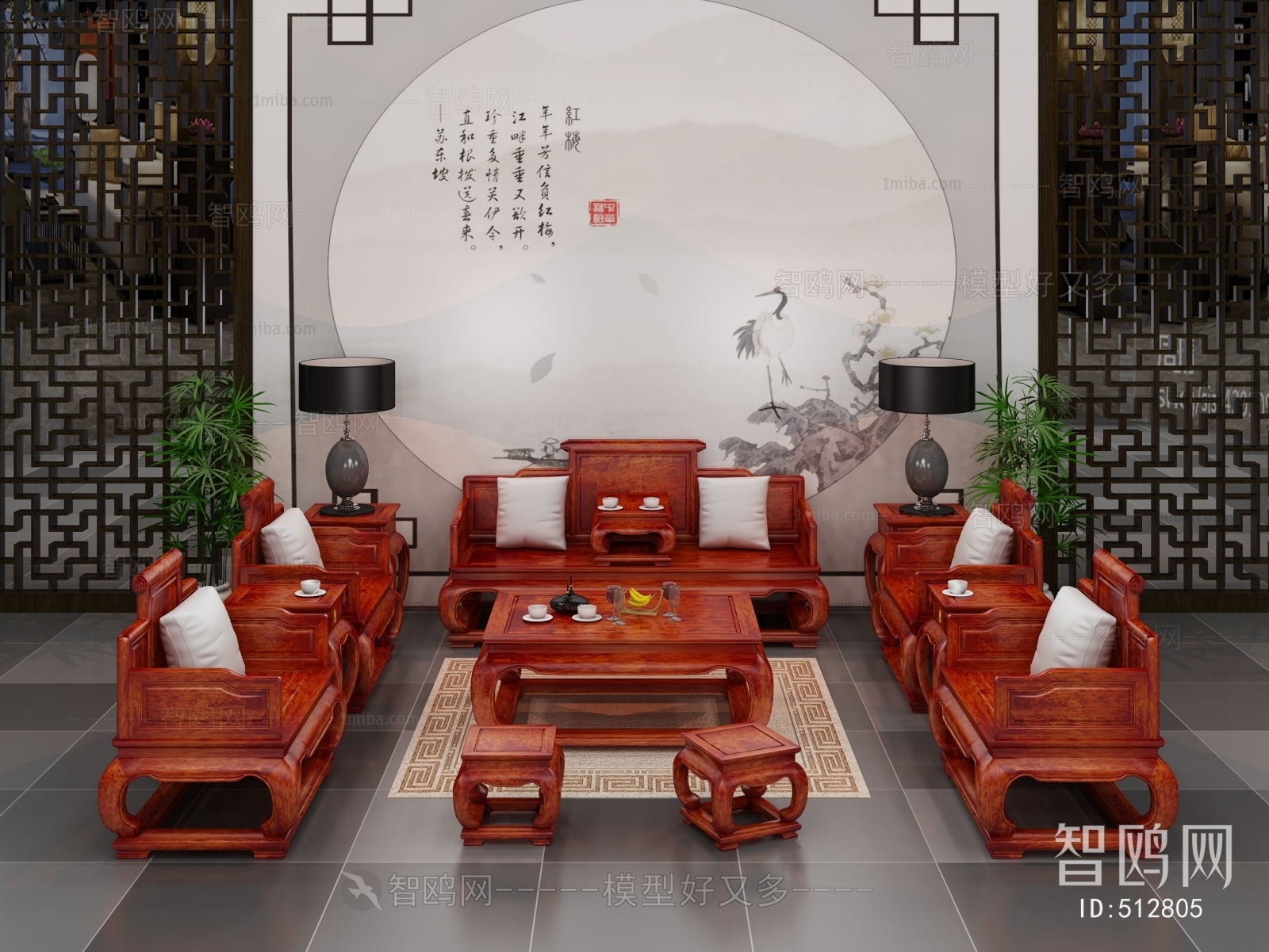 中式沙发茶几背景墙组合