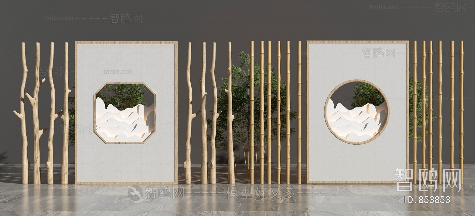 新中式原木竹子山水隔断3D模型下载
