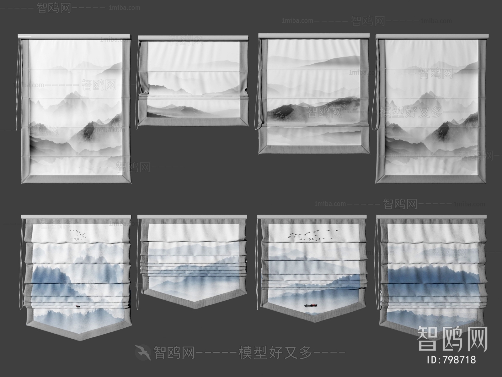 新中式山水画窗帘组合