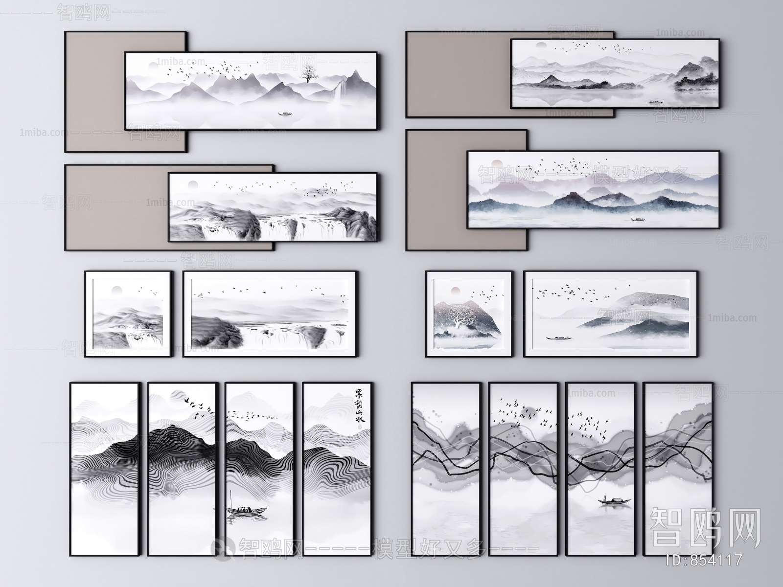 新中式山水挂画组合3D模型下载