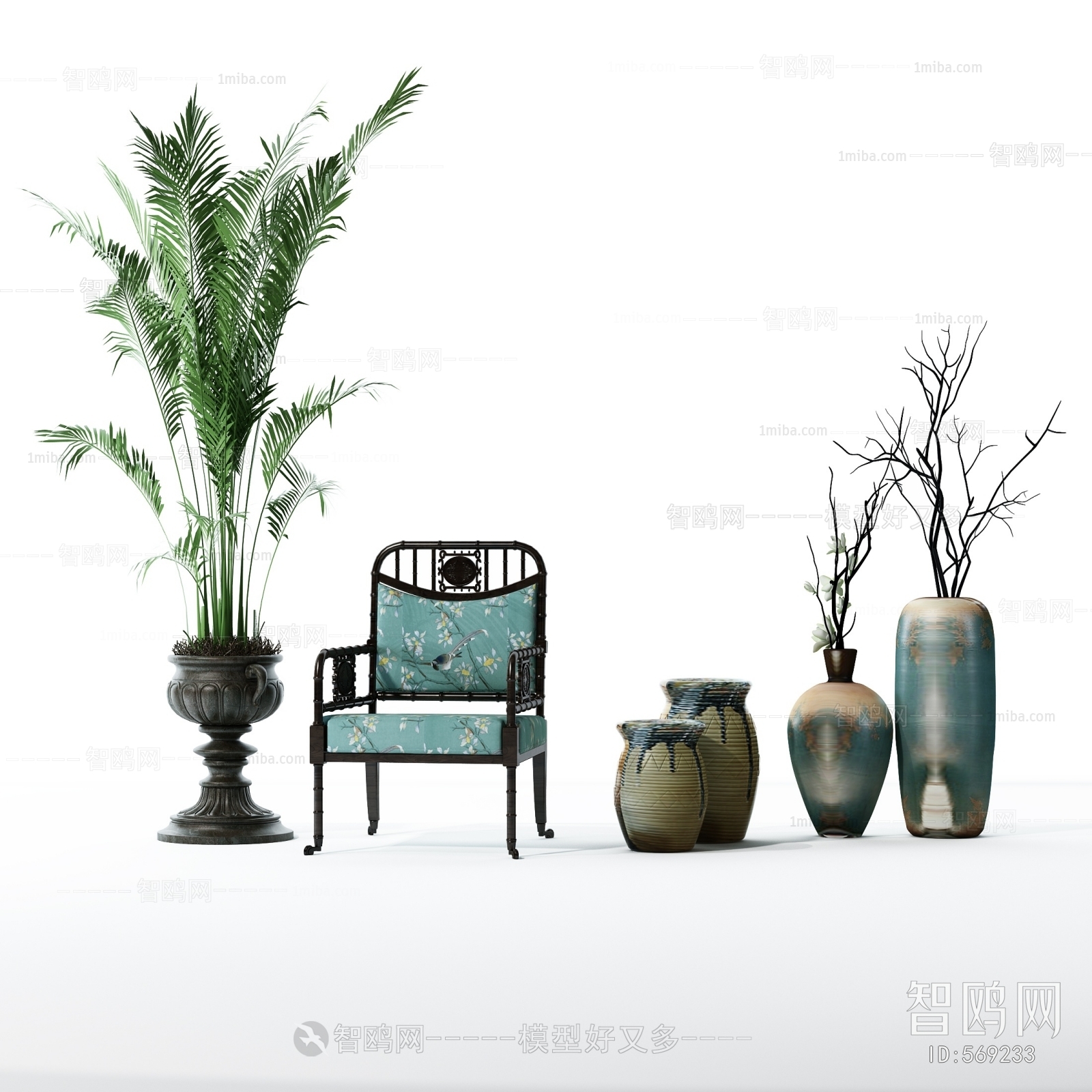 美式单椅陶罐植物