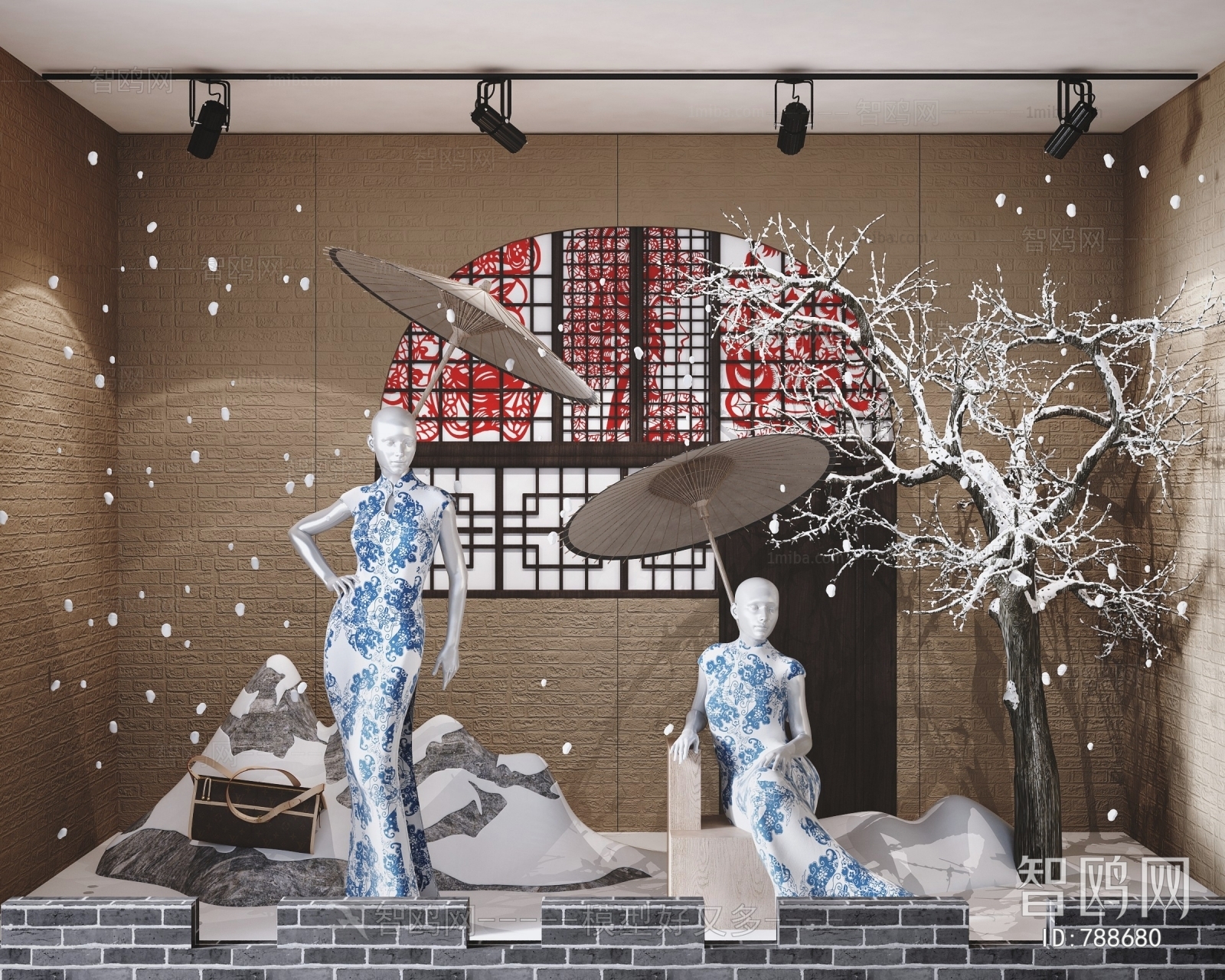 新中式旗袍模特橱窗组合