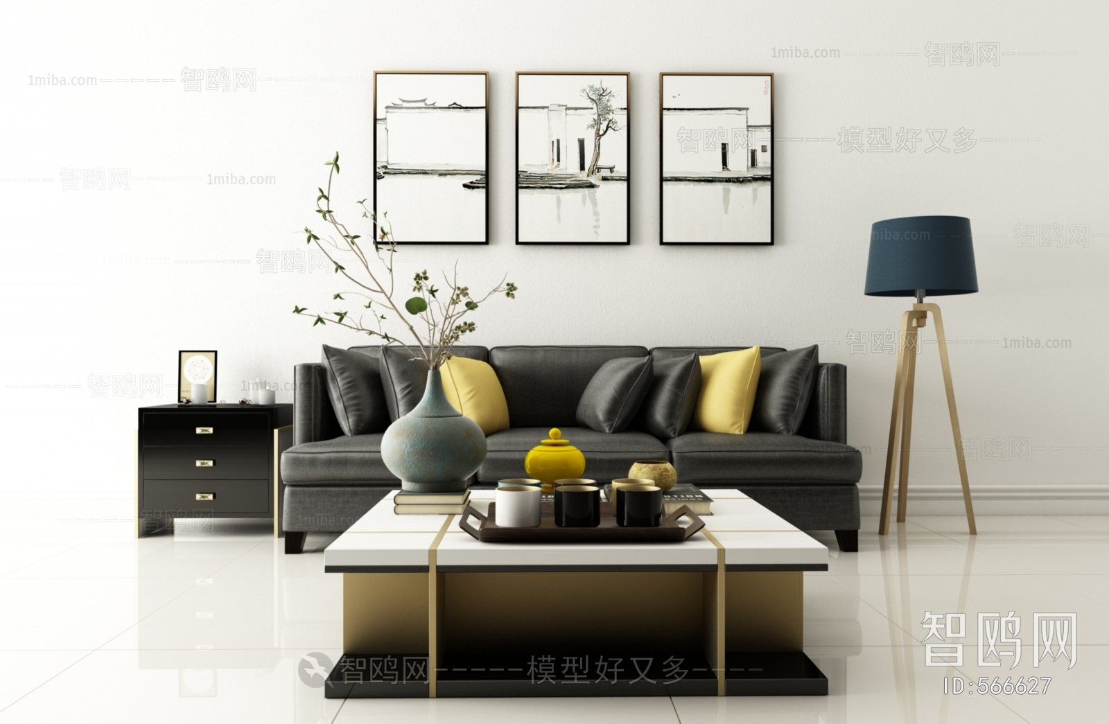 New Chinese Style Three-seat Sofa