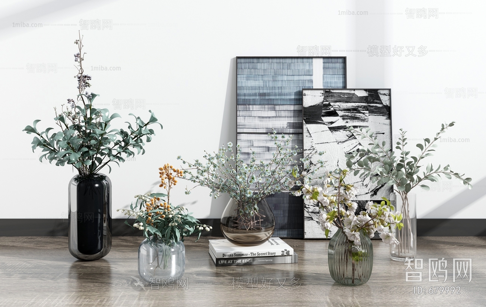 现代桌面玻璃花瓶花卉组合3D模型下载