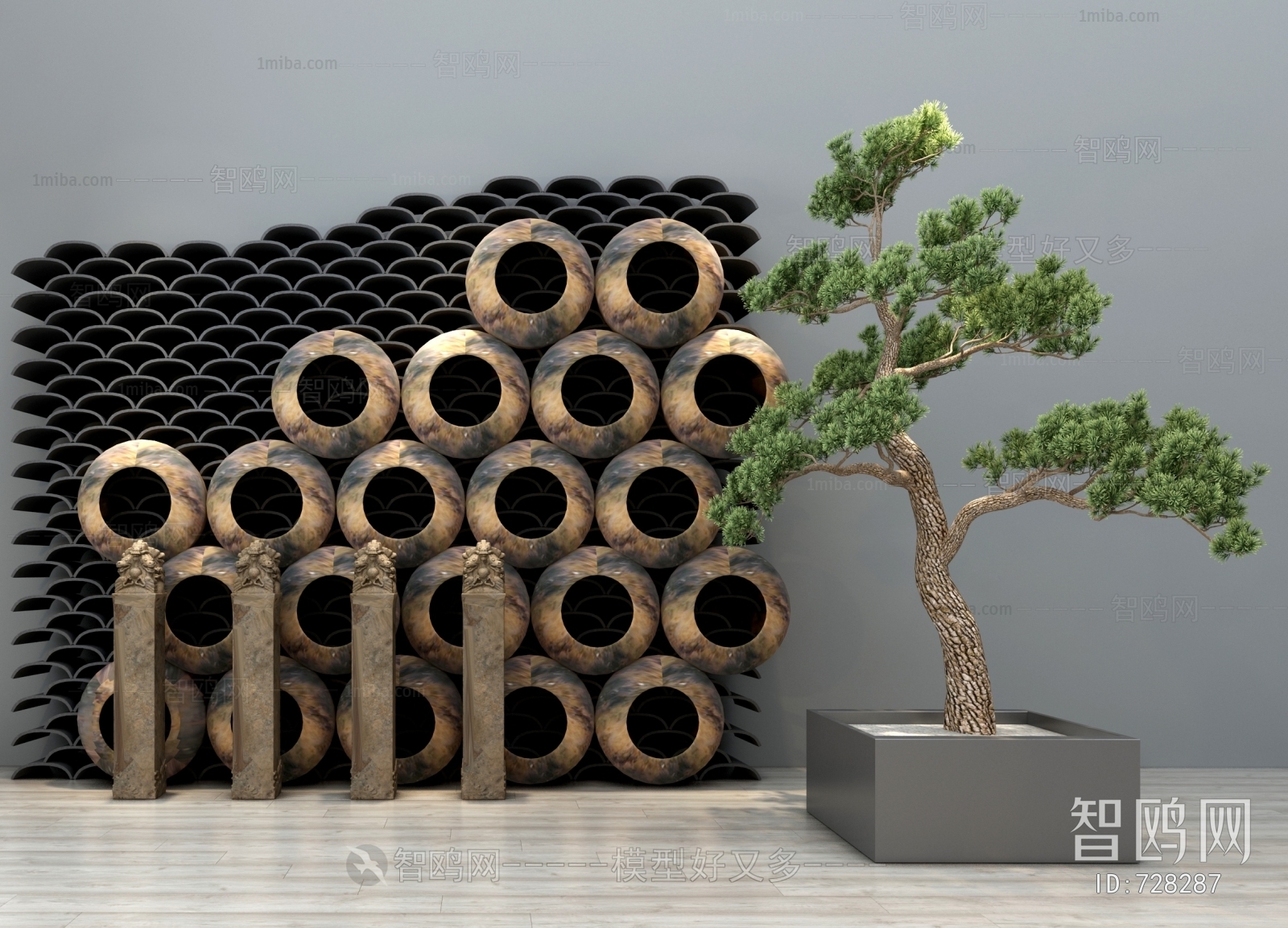 新中式瓦片陶罐缸雕塑松树摆件组合