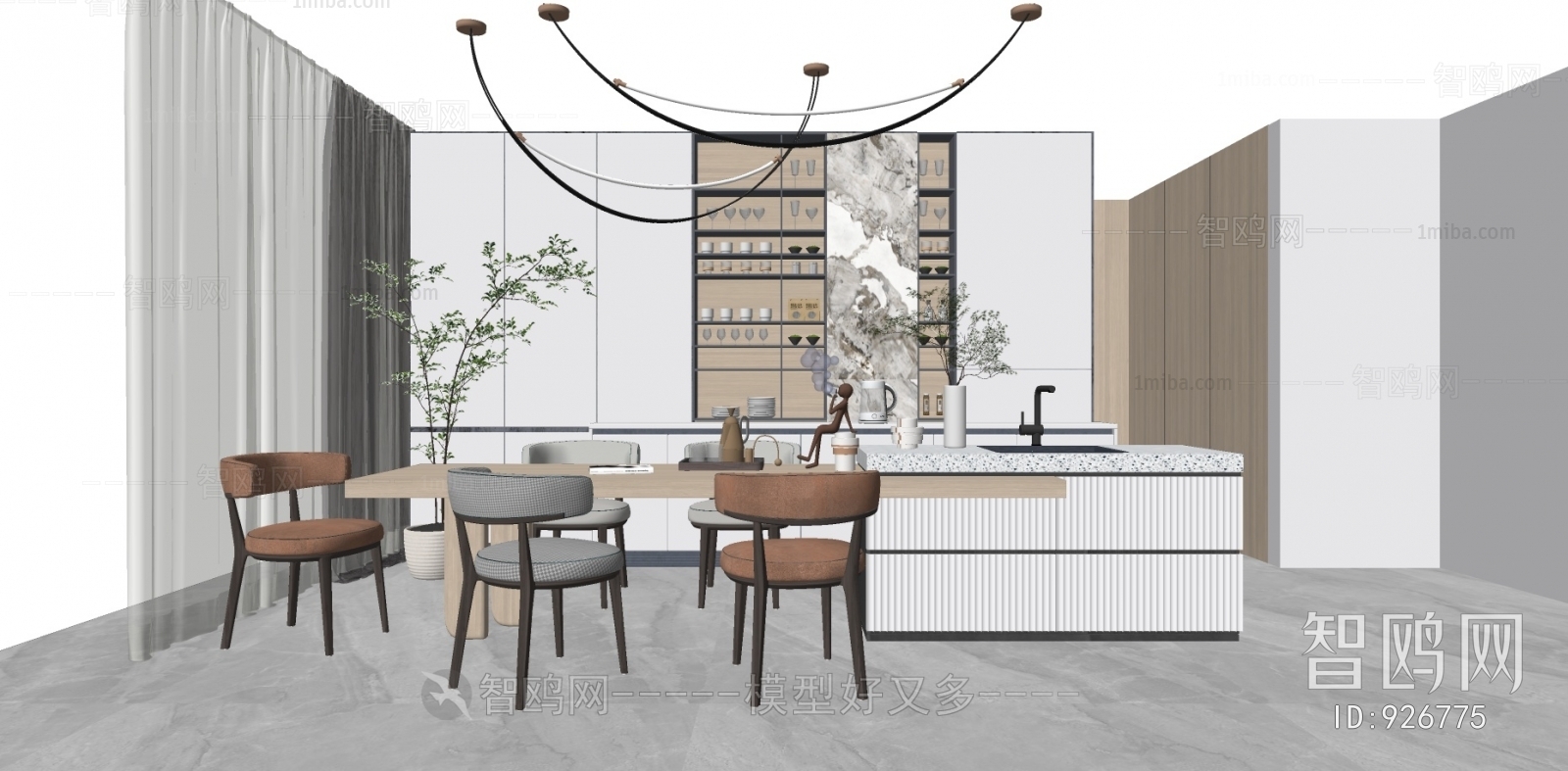 现代餐厅敞开式厨房3D模型下载