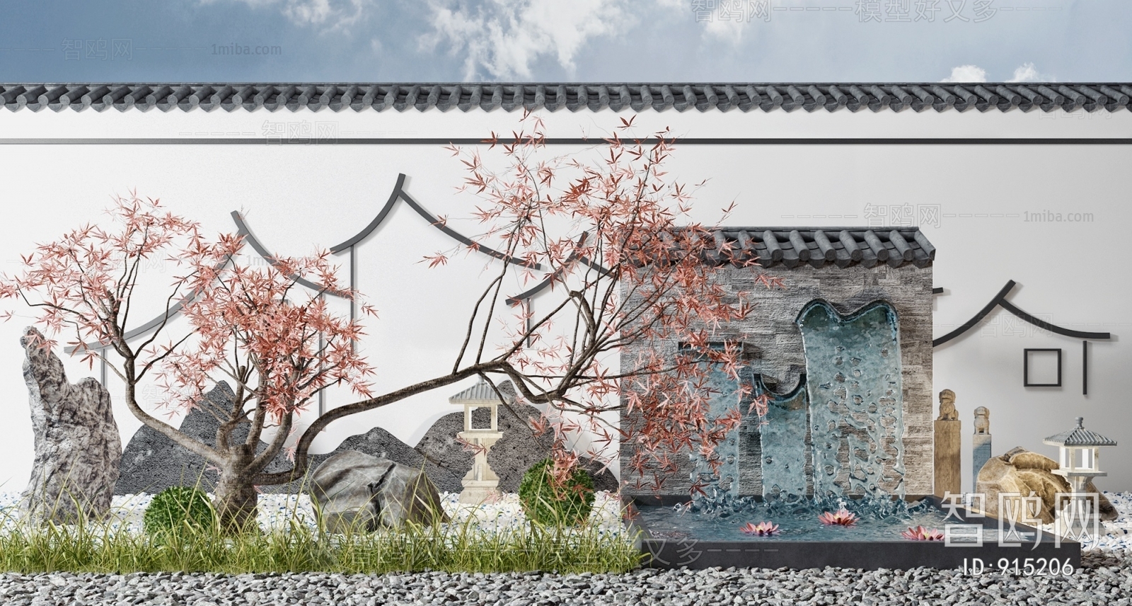 新中式庭院流水背景墙