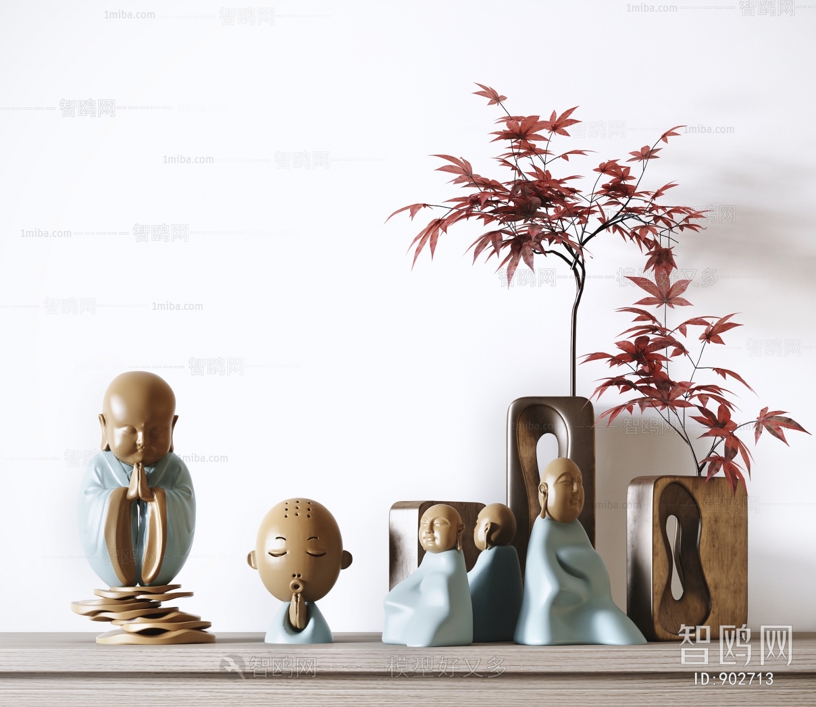 新中式禅意小和尚雕塑装饰摆件组合
