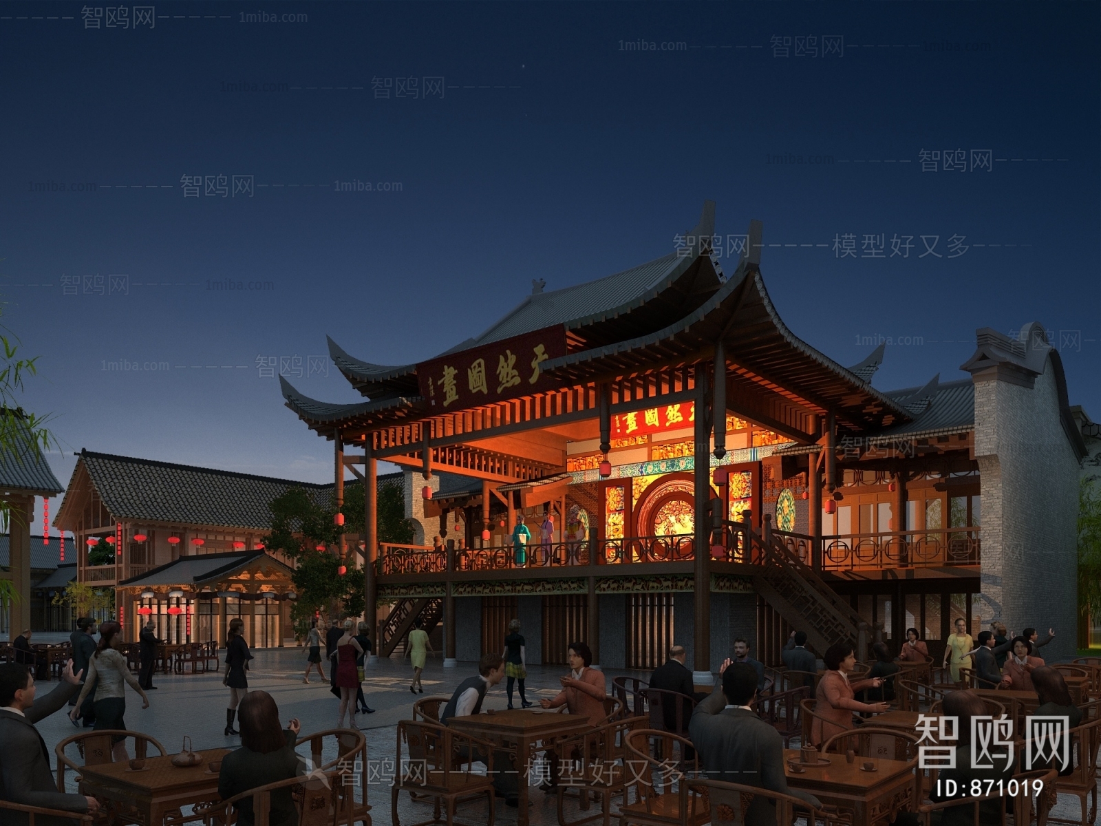 中式古建筑戏楼广场夜景