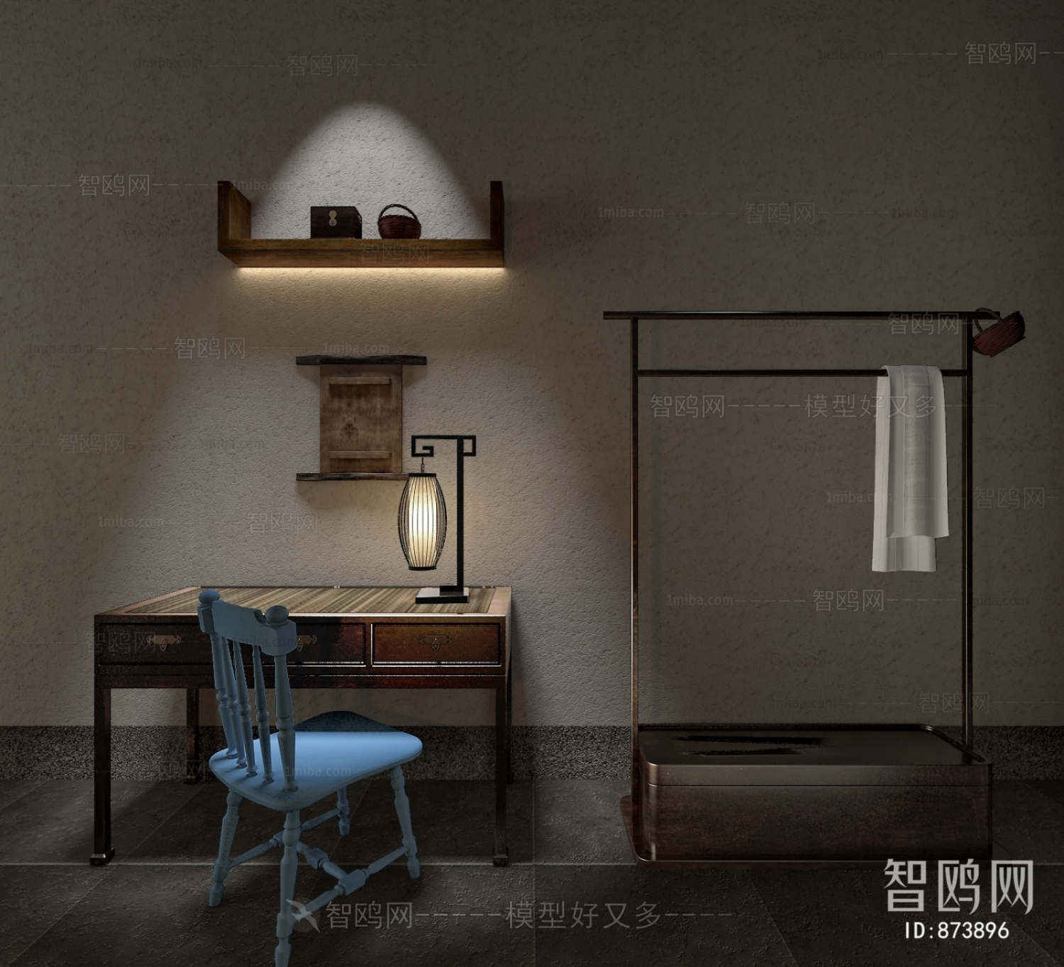 新中式书桌椅挂衣架台灯组合