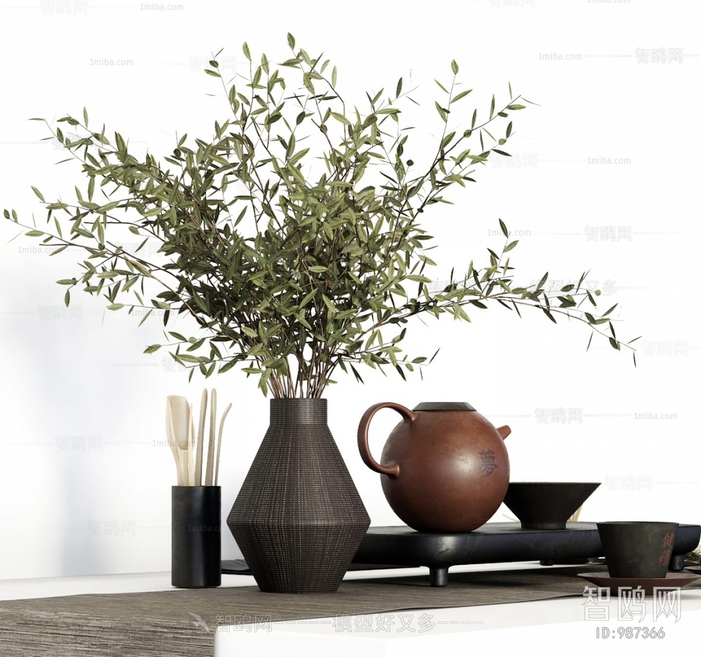 新中式茶具植物摆件