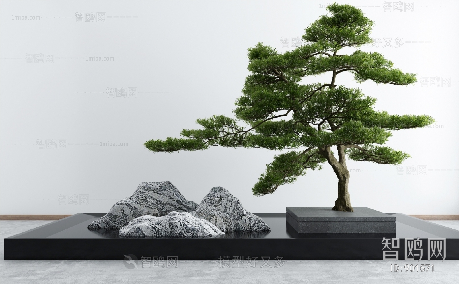 新中式庭院景观小品泰山石松树