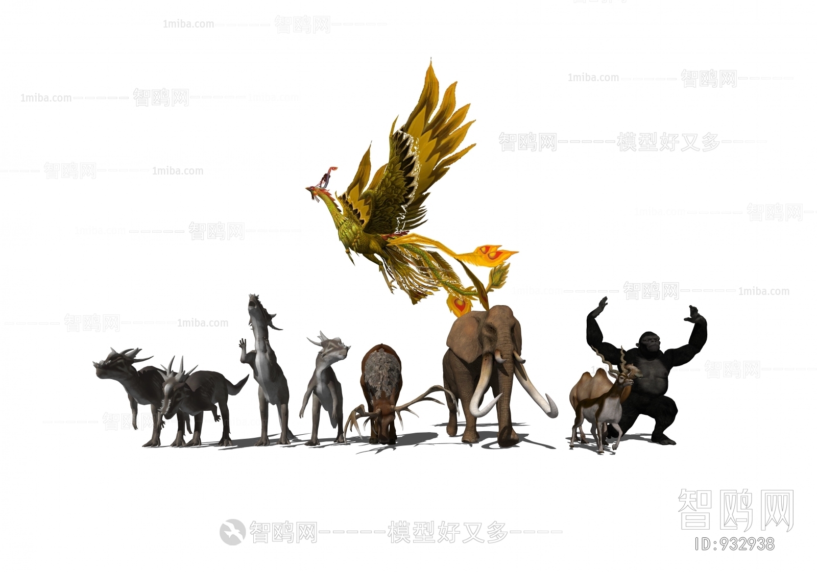 现代猩猩大象恐龙凤凰鹿动物组合