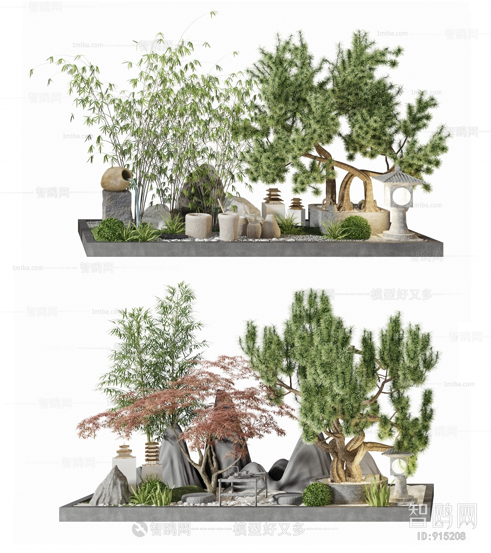 新中式庭院景观小品植物假山