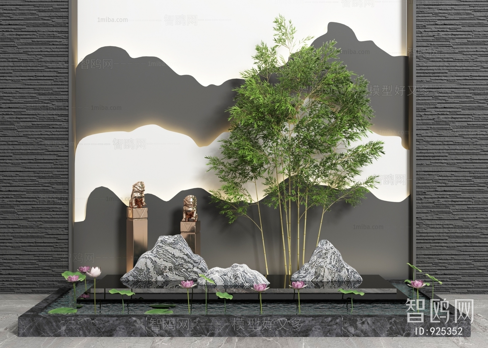 新中式园艺小品假山荷花水景3D模型下载
