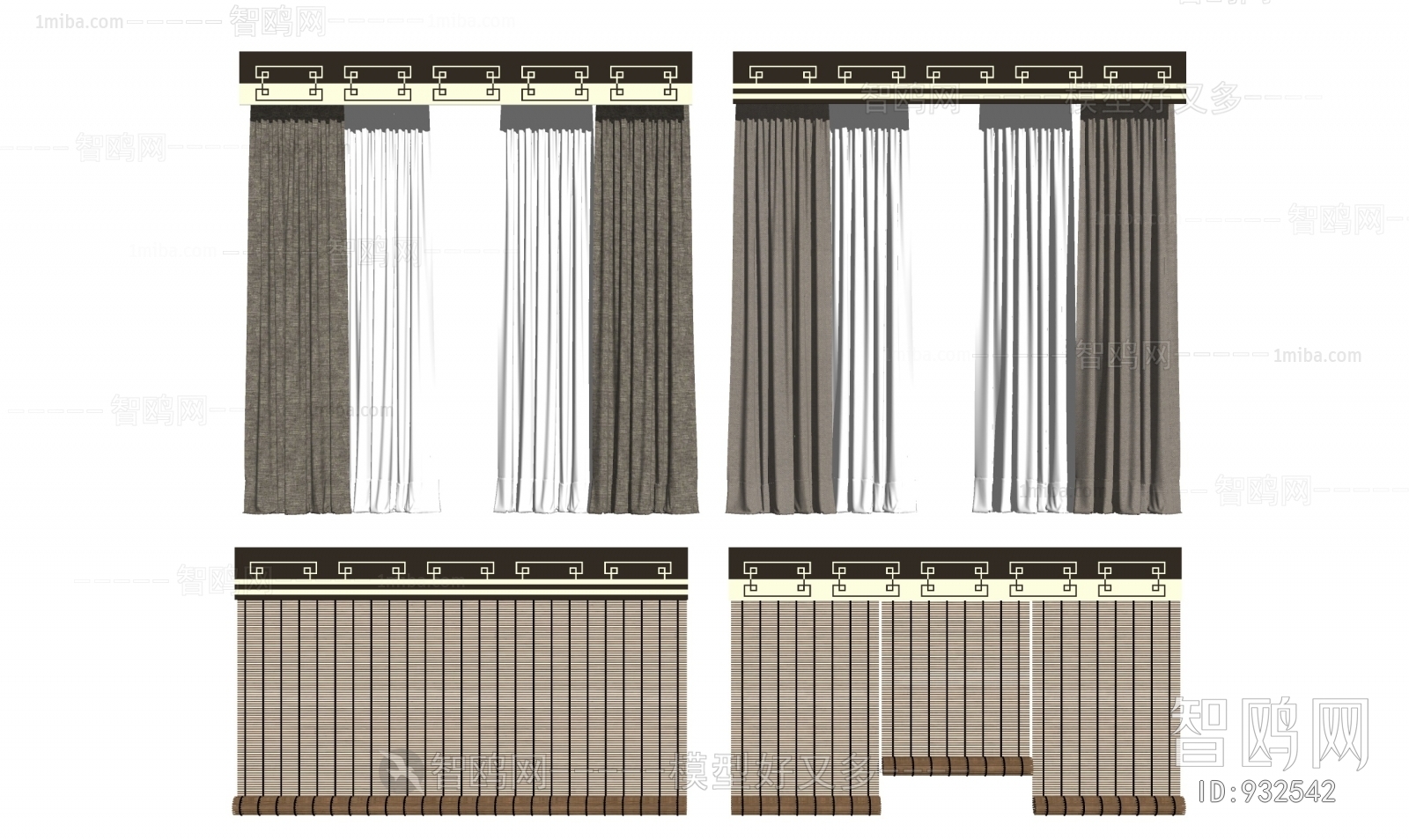新中式布艺窗帘竹帘模型组合