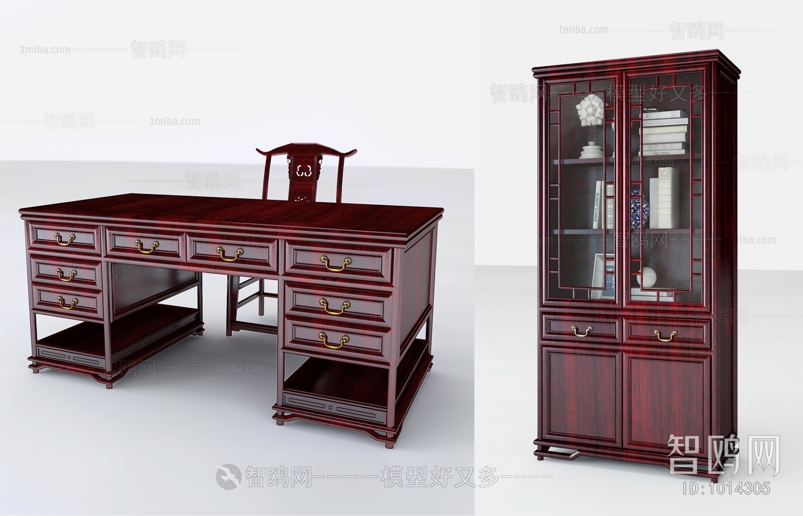 中式书桌椅书柜组合