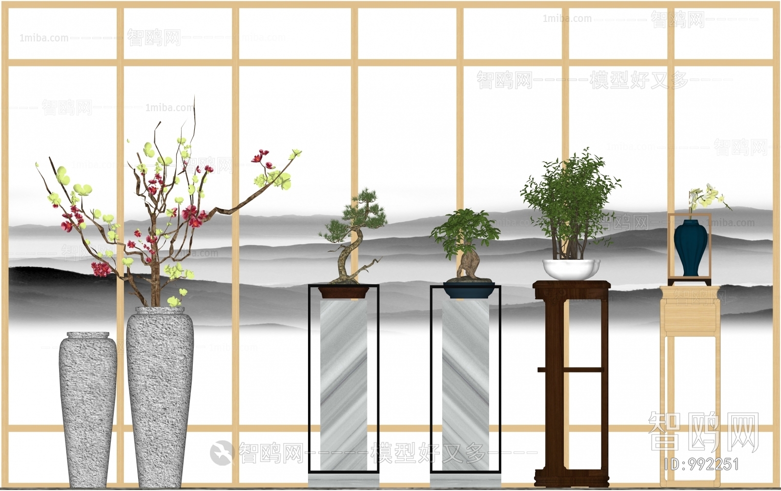 新中式花瓶花架盆景组合