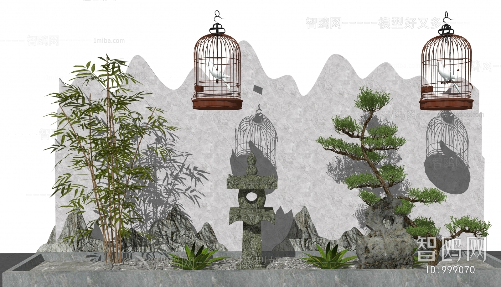 新中式石灯植物鸟笼组合