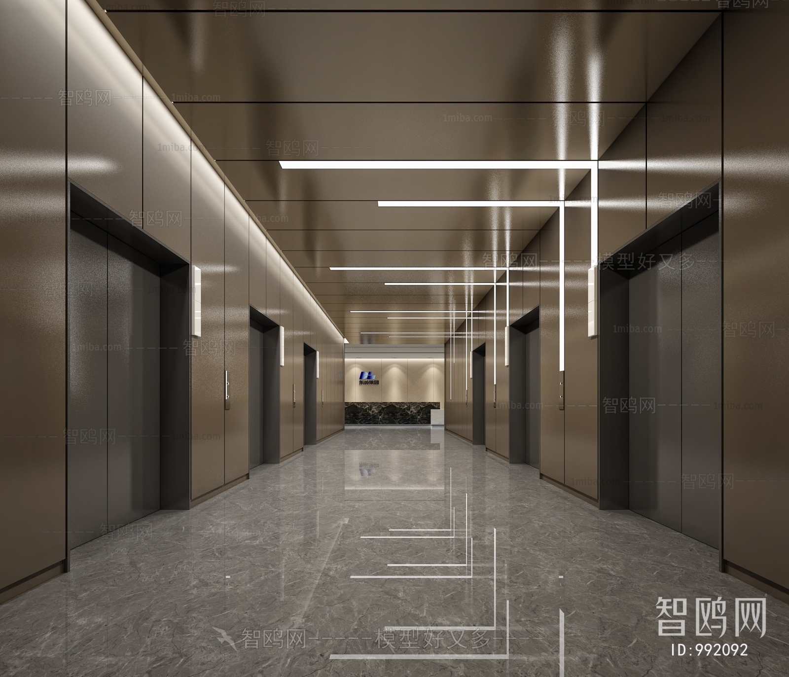 多场景-现代办公过道电梯厅+前台大厅