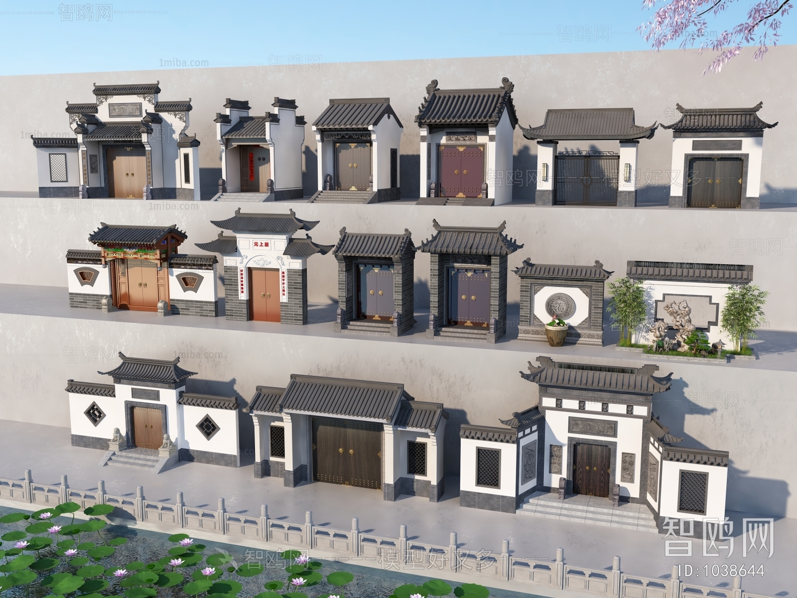 新中式庭院大门苏式大门徽派大门组合3D模型下载