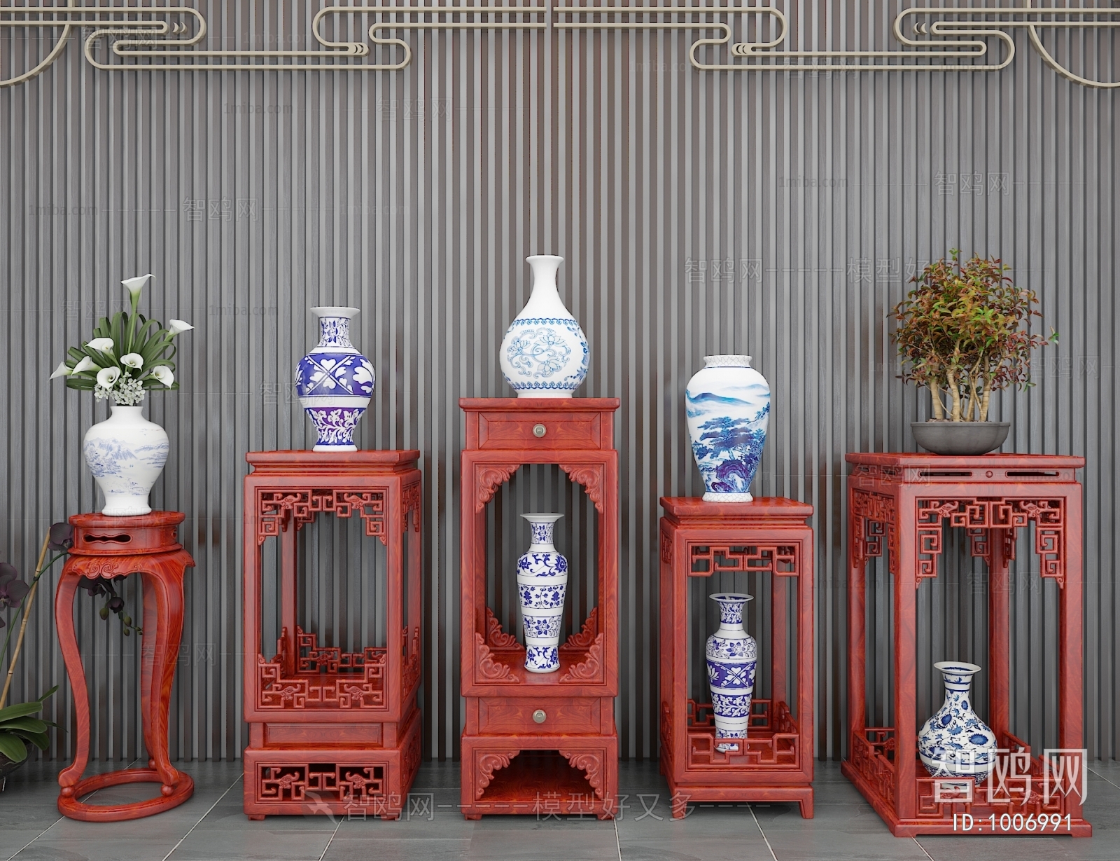 中式花架青花瓷器组合