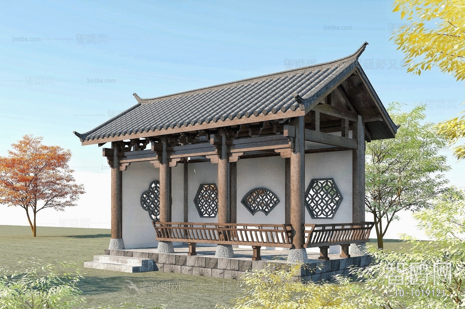 中式木结构青瓦白墙亭子