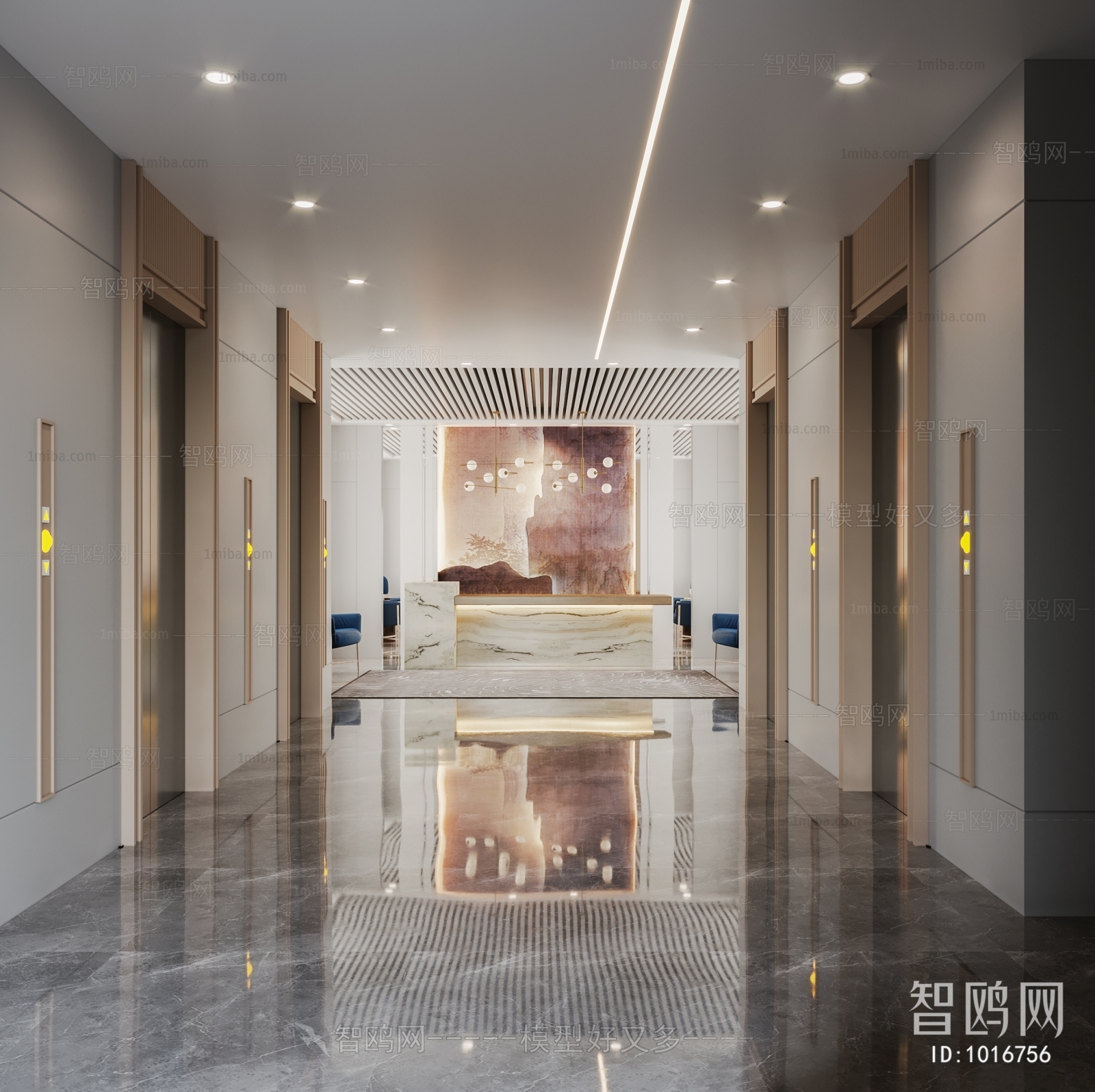 新中式轻奢酒店前台电梯厅
