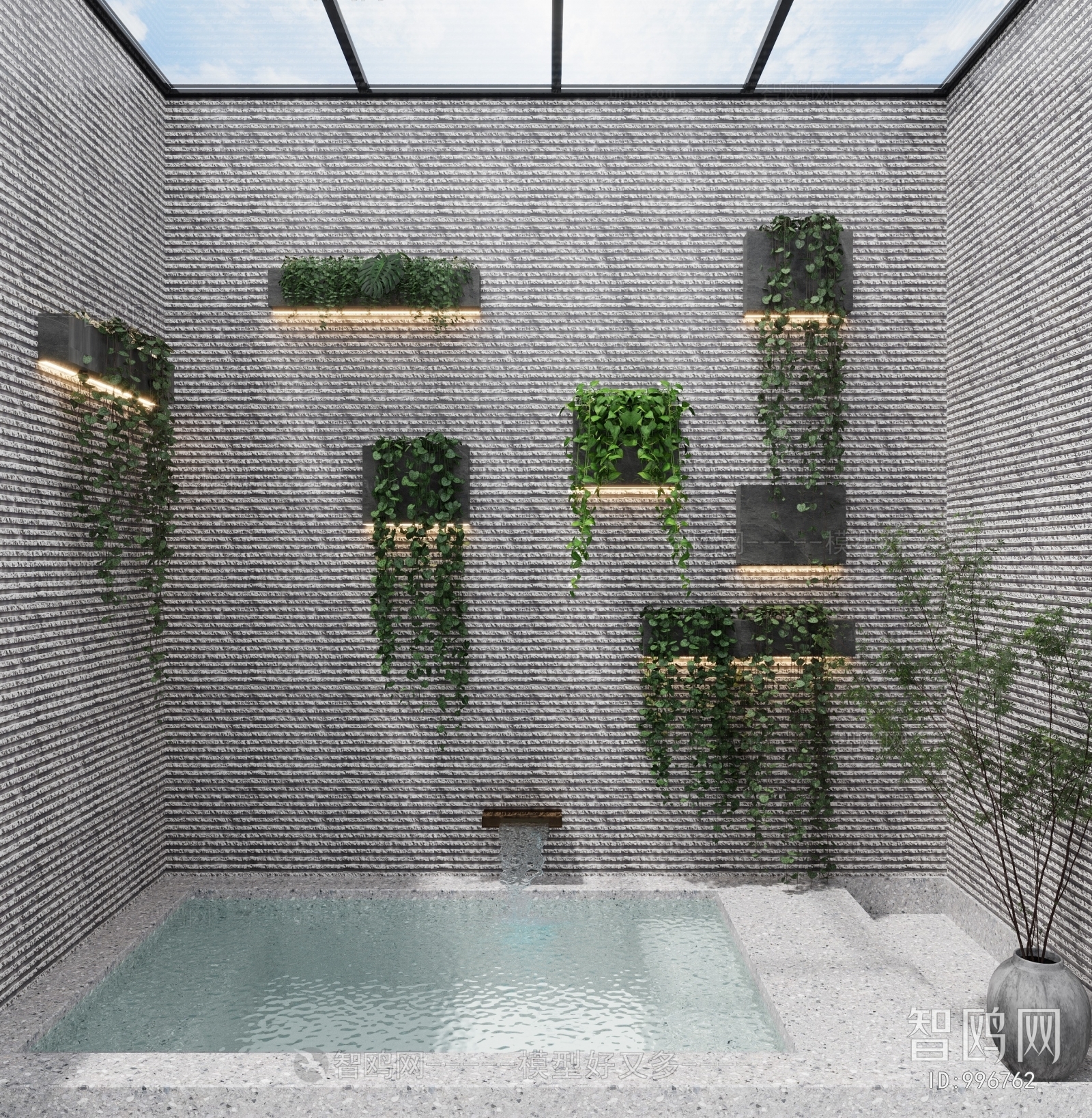 现代植物墙水池