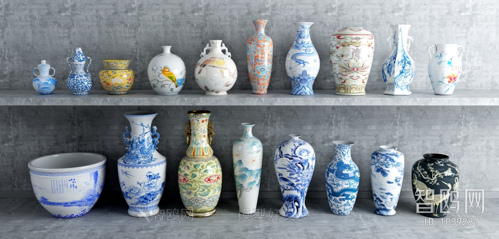 中式青花瓷瓶组合