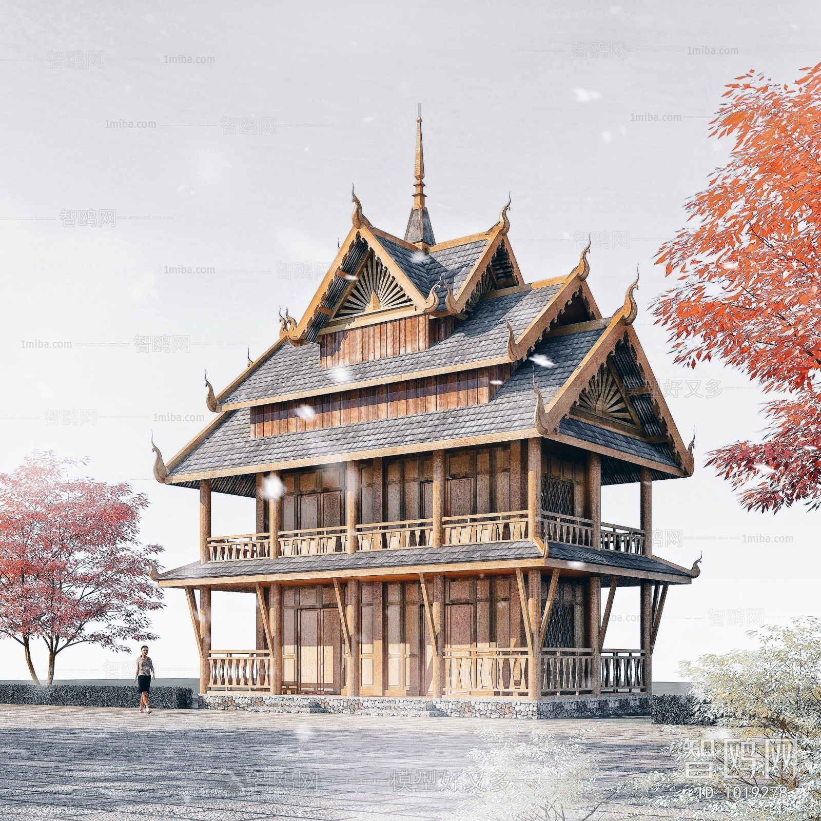 东南亚客栈木结构双坡顶房屋