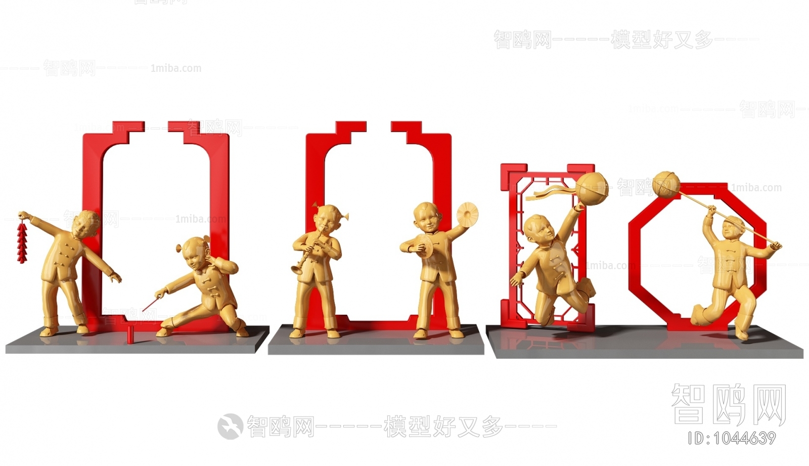 中式新年儿童雕像小品