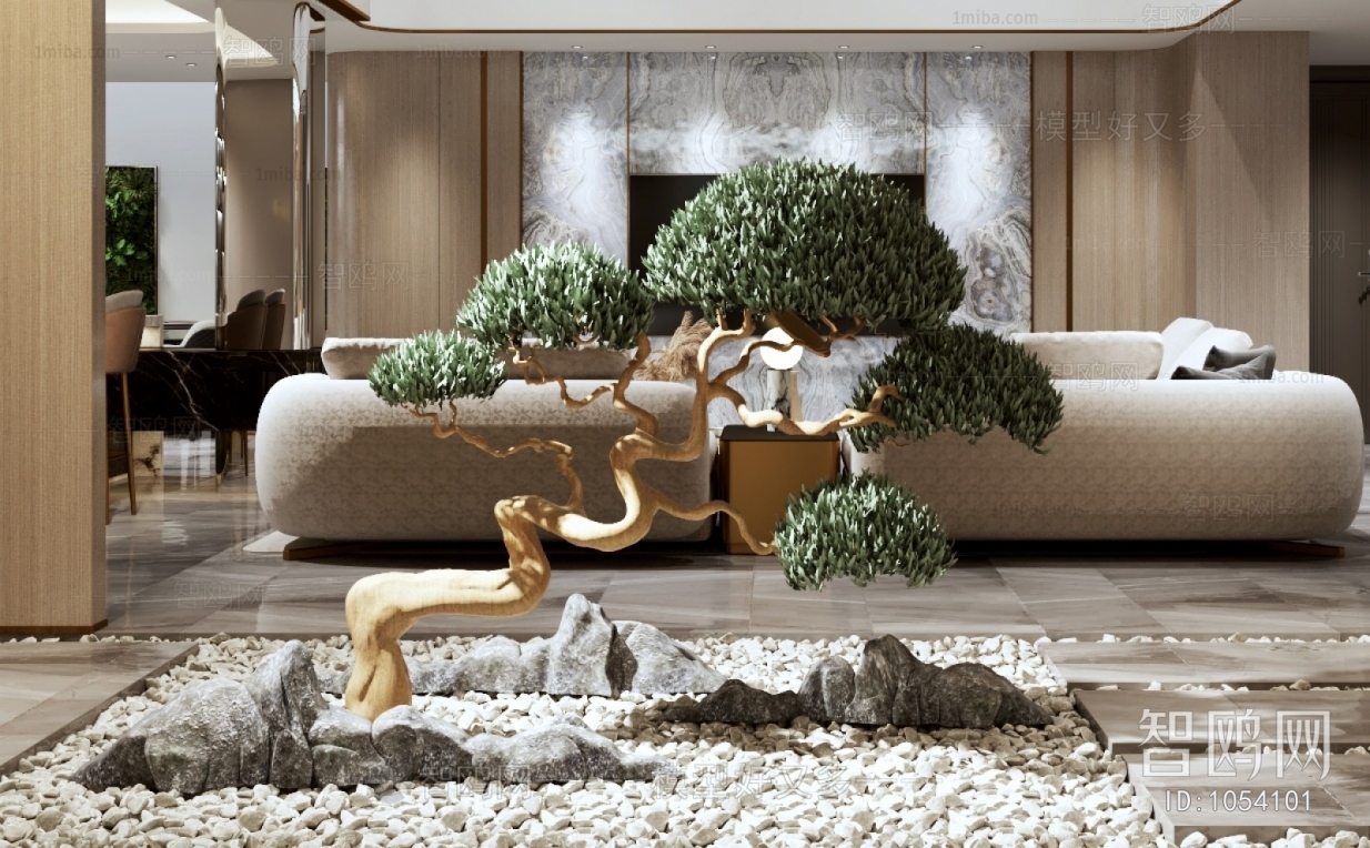 新中式别墅景观小品罗汉松3D模型下载