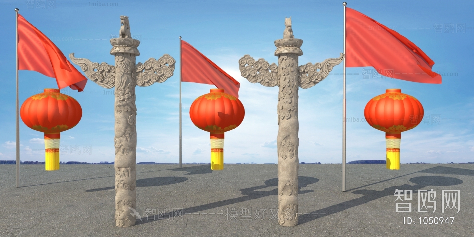 中式柱子灯笼、国旗