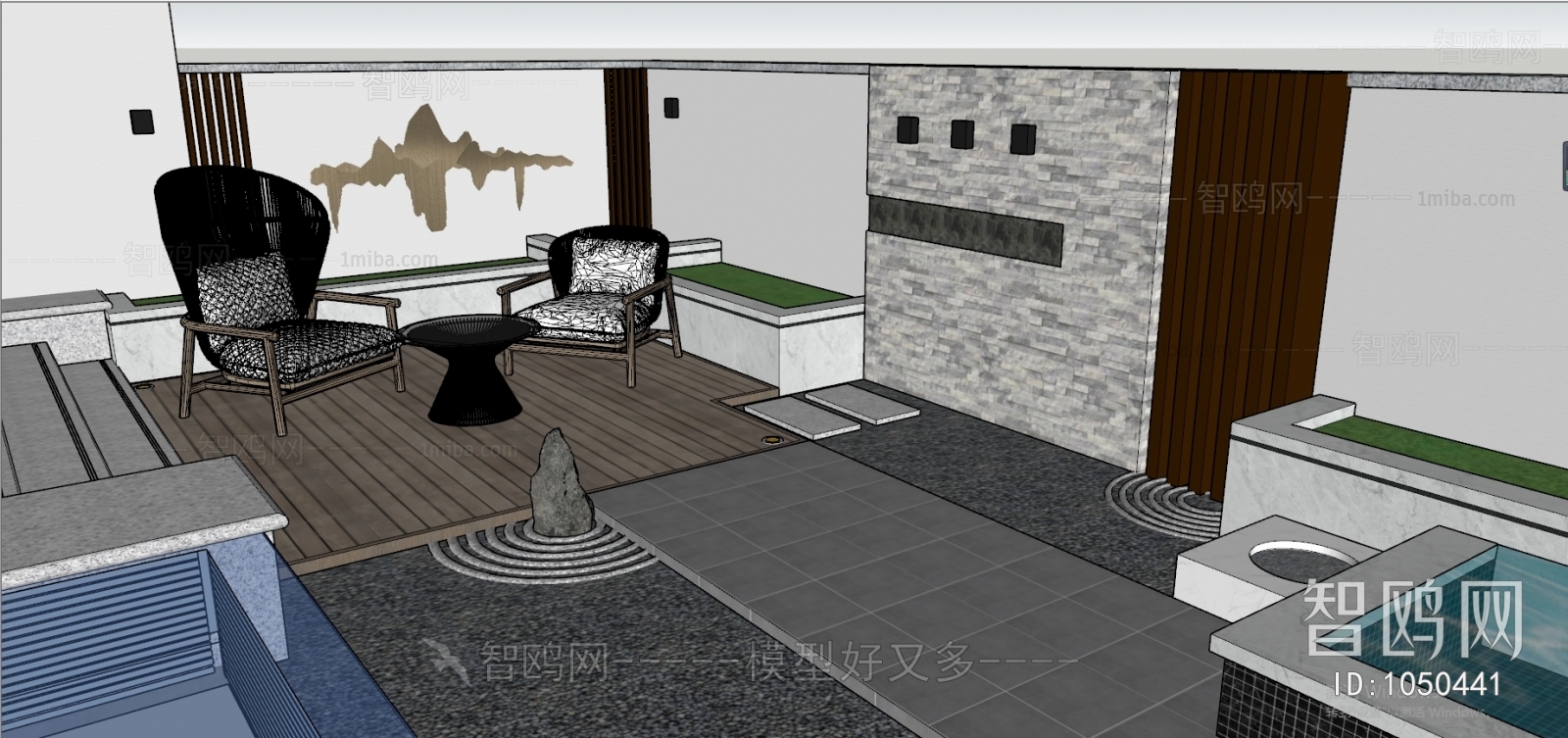 现代别墅庭院景观3D模型下载