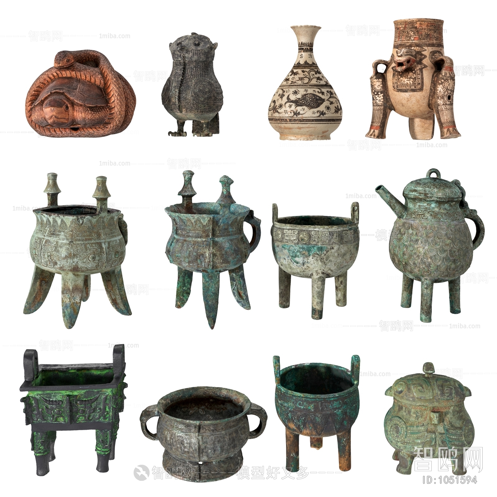 中式青铜陶瓷文物古董摆件组合