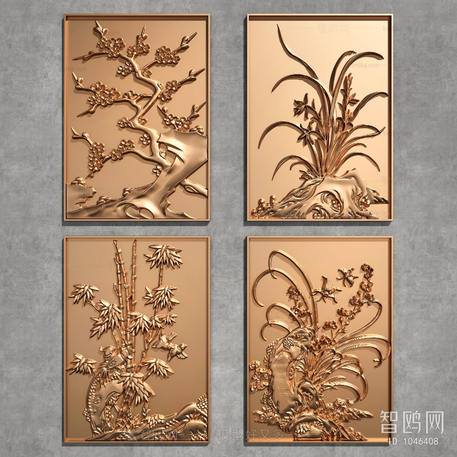 新中式梅兰竹菊植物铜雕浮雕