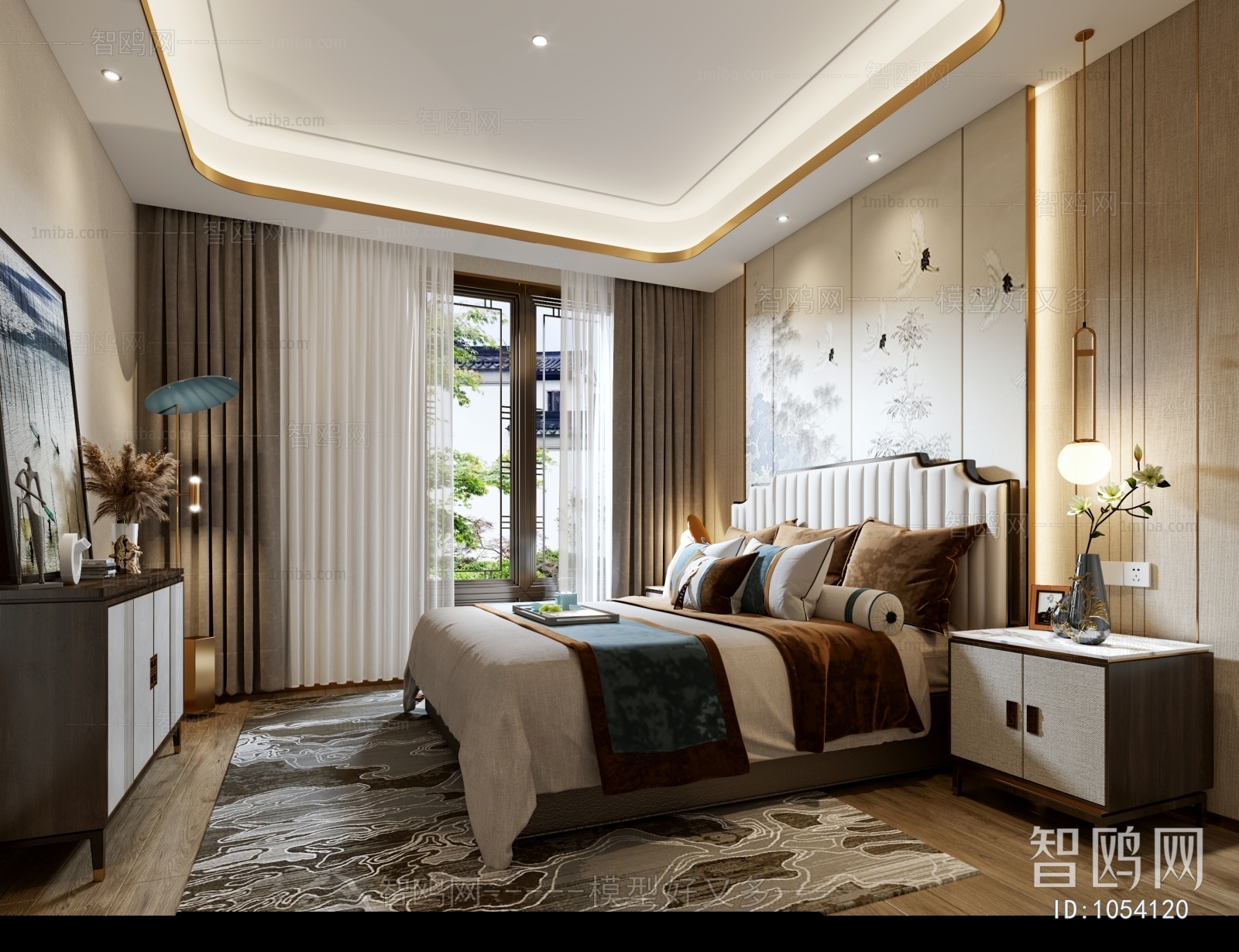 新中式轻奢卧室3D模型下载