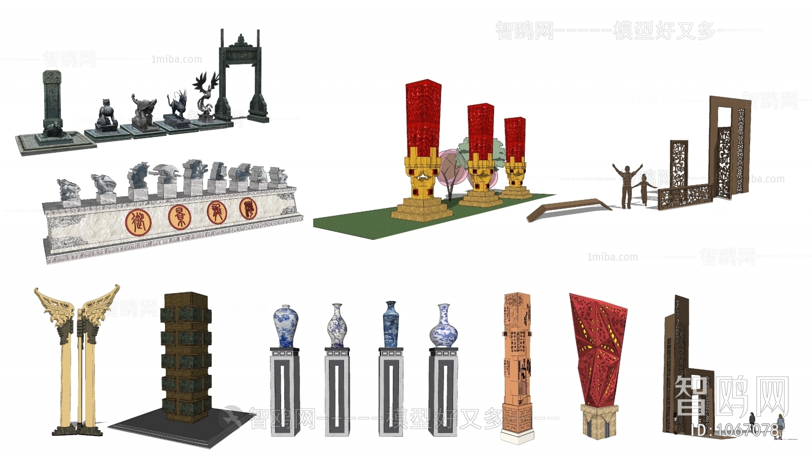 中式雕塑小品组合