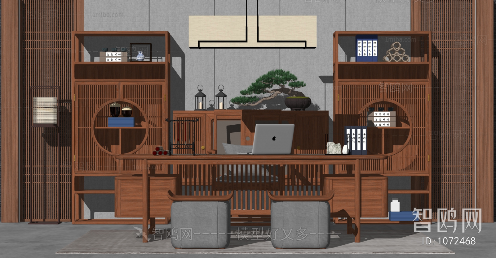 新中式书房办公桌椅 边柜书架
