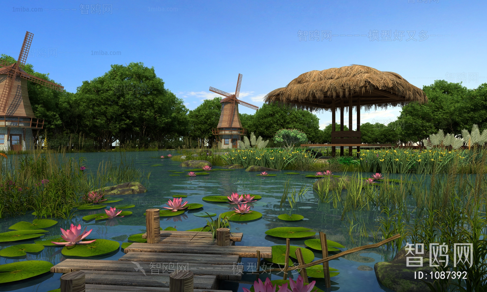 中式湿地公园 湖泊3D模型下载