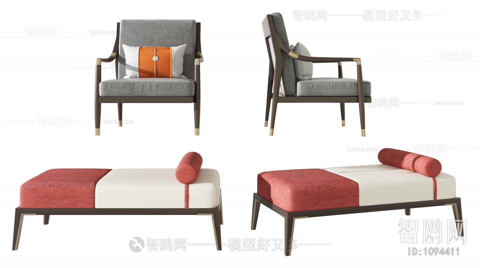 新中式休闲椅床尾凳组合