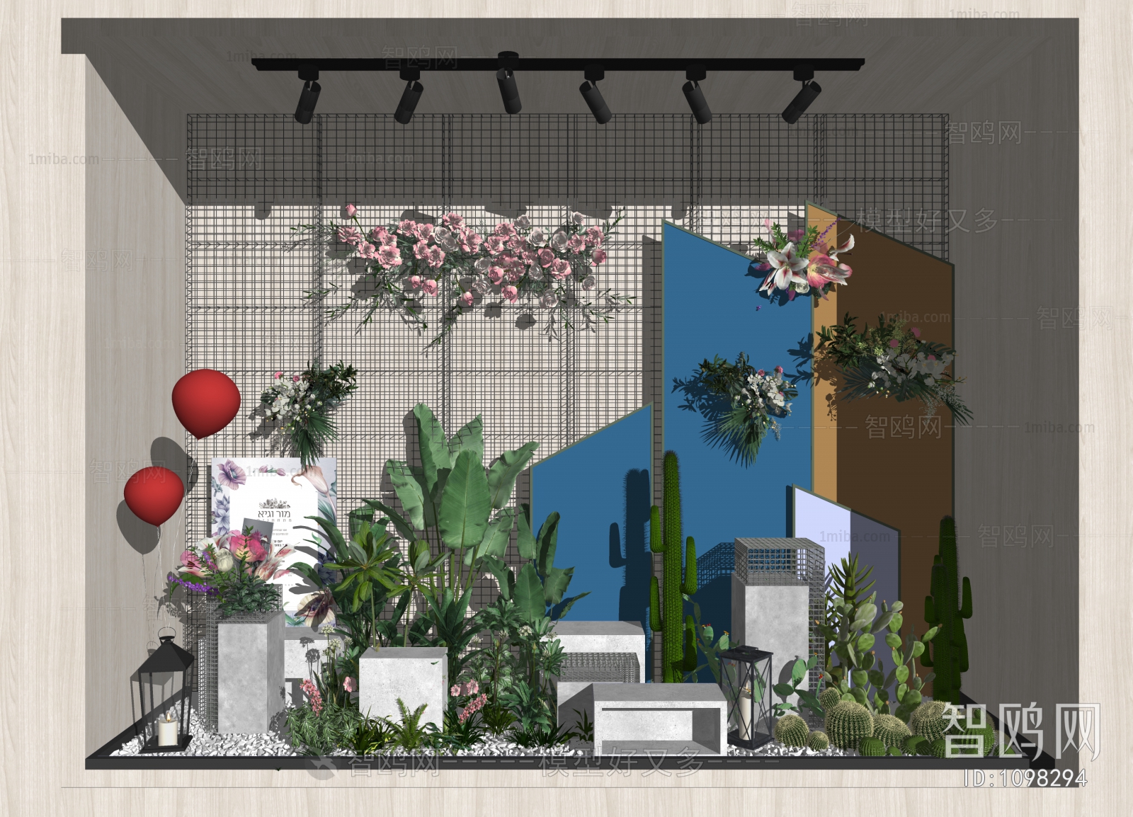 现代绿植花艺、橱窗展台、仙人掌植物